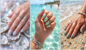 Three-panel collage of opalescent mermaidcore nails with iridescent blue, green, and pink shift.