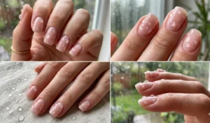 "Four-panel close-up of healthy sheer blush-pink natural nails decorated with hyper-realistic 3D clear builder gel water droplets."