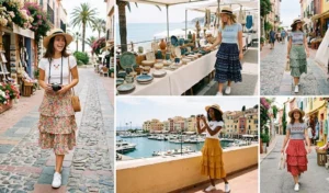 A 4-panel collage of women sightseeing in coastal towns, wearing tiered ruffle midi skirts paired with fitted baby tees and white sneakers.