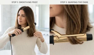 Two-part tutorial demonstrating the curling iron bumping technique, showing a large barrel iron smoothing the hair shaft and curving the bottom two inches inward for a faux blowout look.