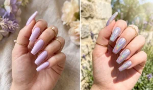 Two-panel collage showing pastel lavender nails shifting to a rainbow holographic finish under sunlight.