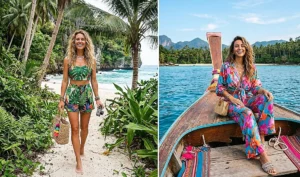 A high-energy two-panel fashion collage showcasing the "Tropicalcore" trend. Women wear cohesive matching sets with bold prints of oversized monstera leaves and orchids while exploring island locations.