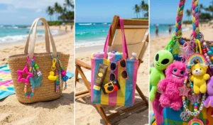 A three-panel collage featuring woven straw and plastic beach tote bags heavily customized with chunky Y2K plastic keychains, plush toys, and beaded charms.