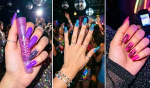 Vibrant neon acrylic nails featuring intricate, hand-painted Y2K-style butterfly wing patterns and decals.