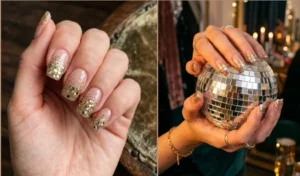 Glamorous Y2K McBling glitter cuticle fade manicure showing chunky gold and silver glitter concentrated at the nail base.