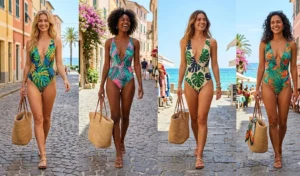 A four-panel grid of women wearing plunging V-neck one-piece swimsuits featuring vibrant tropical monstera and palm leaf prints, carrying oversized woven raffia beach tote bags.