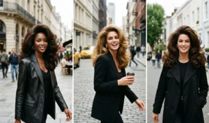 Collage of three women showcasing the classic 90s supermodel bouncy blowout with massive root volume and lush, sweeping layers.