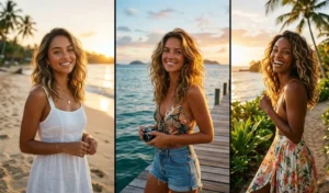 Three women showcasing a Tropicalcore beachy blowout with relaxed, sun-kissed waves and an effortless finish on shoulder-length hair.