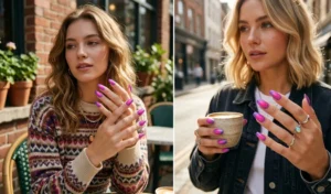 A split-screen image featuring trendy purple and hot pink aura nails with a glowing, airbrushed gradient effect.