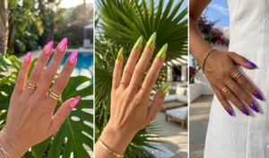 A three-panel collage showcasing tropical chrome glazed donut nails in high-shine, sleek metallic hot pink, lime green, and electric violet finishes.
