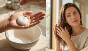 Split screen showing how to cocktail styling products, featuring a mix of volumizing mousse and humidity-blocking serum being applied to damp medium length hair for blowout prep.
