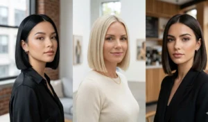 "A 3-panel collage of women with sharp, blunt bobs styled in flawlessly straight, sleek blowouts."