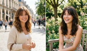 A side-by-side photo of two women with mid-length hair and perfectly styled, voluminous wispy curtain bangs that feather beautifully away from the face.