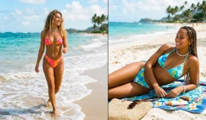 A split-screen image of two women wearing neon orange and aqua blue bright hibiscus print swimsuits reflecting the early 2000s coconut girl aesthetic.