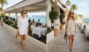 A split-screen image of two women wearing oversized white and beige linen button-down shirts as dresses, walking near a seaside restaurant.