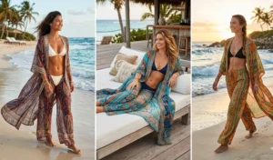 A 3-panel grid of women wearing sheer, floor-length bohemian kimonos with matching wide-leg trousers over bikinis.