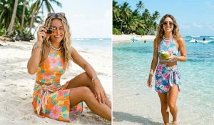 A vibrant two-panel photo collage showcasing the "Coconut Girl" aesthetic, featuring women on a tropical beach wearing bold, pastel hibiscus print sarongs tied at the hip, paired with matching halter tops.