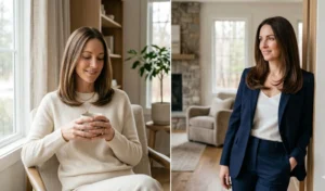A split photo showing two women with a Quiet Luxury medium-length blowout featuring a gentle inward C-curve at the collarbone.