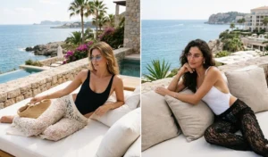 A two-panel split-screen of two women lounging at a luxury coastal resort wearing high-cut minimalist swimsuits underneath elegant sheer lace trousers and rimless pastel sunglasses.