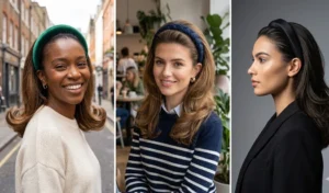 A 3-panel collage showing women wearing padded statement headbands, creating a sleek crown paired with dynamic, outward flipped textured ends.