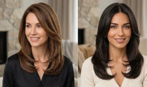 Two women demonstrating the elegant C-shape blowout, with hair styled to form soft curves cupping inward toward the jawline and collarbone.