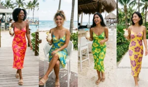 A 4-panel grid showing women in tropical hibiscus print silk slip dresses, holding drinks in a sunny resort setting.