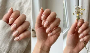 "Three-panel view of minimalist daisy chain nail art featuring tiny interconnected white and yellow daisies painted along the cuticle line."