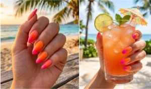 Sunset-inspired Tropicalcore gradient ombre nails transitioning from coral to hot pink, featured in a bright summer lifestyle setting.