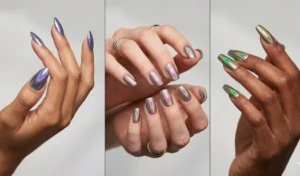 A three-way split image displaying futuristic CD reflection chrome manicures that refract light into a brilliant shifting rainbow spectrum over a silver-grey base.