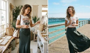 A laid-back two-panel photo collage featuring a "cool girl" coastal style, combining a slinky, floor-length maxi skirt with a fitted nostalgic graphic baby tee, perfect for boutique shopping or grabbing ice cream by the pier.
