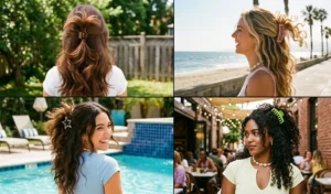 A 4-panel image showing women styling their mid-length blowouts in a Y2K claw clip half-up look with bouncy, texturized ends pluming at the crown.