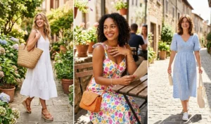 Three ways to style summer cotton dresses, featuring pairings with platform sandals and a woven tote, a crossbody bag, and clean white sneakers.