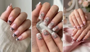 "Collage of coquette aesthetic spring nails featuring delicate hand-painted black bows and 3D silver chrome bows on soft pink bases."