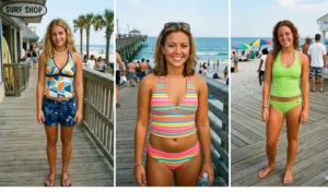 A collage of three women wearing retro 2000s halter-neck tankinis in geometric patterns, neon stripes, and solid green at the beach.