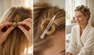 Three-panel visual guide to the vintage pin-curl setting method for extreme blowout volume, showing the rolling technique, securing with single-prong metal clips, and a full head set.