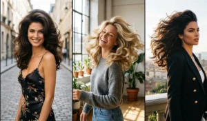 A 3-panel collage showing different women modeling the '90s supermodel mega-volume blowout with massive root lift and bouncy, swept-back layers.
