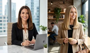 A two-panel image showing women with highly polished, sleek straight mid-length hair and smoothly rounded inward ends for a professional look.