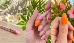 A three-panel collage featuring a pink silicone cuticle pusher, the tool smoothing the side edges of a bright orange nail strip, and the final seamless, air-bubble-free manicure finish.
