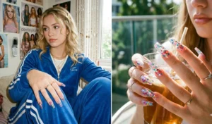 A split-screen showcasing chunky rainbow glitter encapsulated acrylic nails on a stylish woman wearing a Y2K-inspired velour tracksuit.