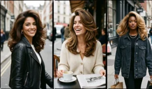 A photo collage of three women showcasing voluminous 90s supermodel blowouts with deep side parts and highly bouncy, flipped-out ends on mid-length hair.