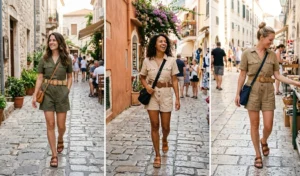 A 3-panel grid showing women exploring cobblestone streets wearing structured utility rompers cinched with woven rattan and leather belts.