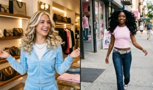 Side-by-side photos of two women with long hair styled in thick, glossy Y2K-inspired barrel curls with heavy mid-length volume.
