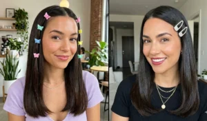 "A split-screen of two women with high-shine sleek blowouts styled with nostalgic Y2K butterfly clips and rhinestone barrettes."