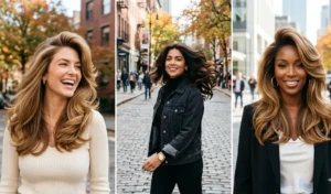 A split image of three women with long hair showcasing the bouncy, high-volume 90s supermodel blowout with dramatic face-framing layers.