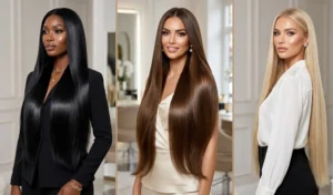 "A 3-panel collage featuring women with dramatic, Cher-inspired waist-length straight hair styled in a sleek blowout."