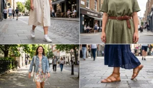A four-panel split-screen photo collage of cotton dress styling ideas. Top left: Cotton midi dress with clean white sneakers. Top right: Woven leather belt on a loose cotton dress. Bottom left: Denim jacket over a floral cotton sundress. Bottom right: Feet in flat strappy sandals under a cotton maxi hemline.
