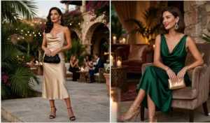 A split-screen of women wearing elegant 90s-style silk midi dresses with cowl necklines in a romantic resort lounge.