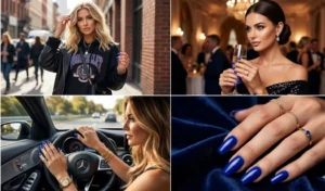 A four-panel collage featuring cobalt blue coffin nails on a stylish woman in various streetwear and evening glam settings.