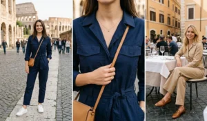 A three-panel photo collage showcasing women in tailored cotton poplin jumpsuits in Rome, featuring a belted utility style with sneakers, minimalist gold jewelry, and an elegant look with leather loafers.