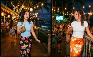 "Two women enjoying a Hawaiian night out wearing silky hibiscus-print midi skirts and plain baby tees."